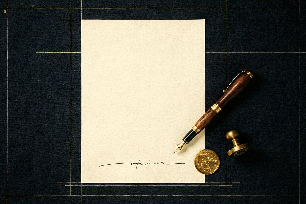 Ilustracija: jedan list papira s jednom crtom za potpis, mjedeno nalivpero i mali pečat na tamnoplavoj tkanini.
