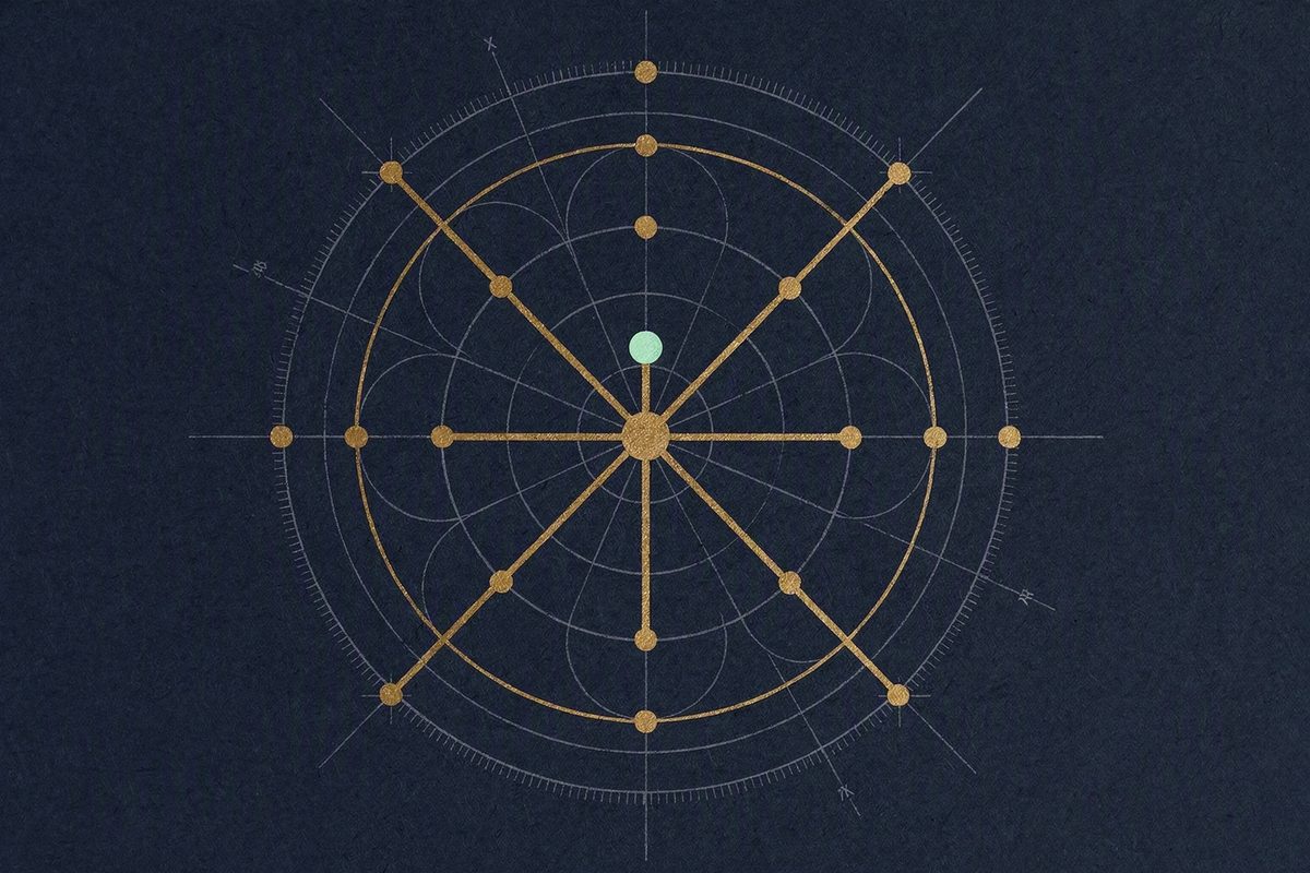 Ilustracija: kružna mreža čvorišta iscrtana zlatnim linijama.