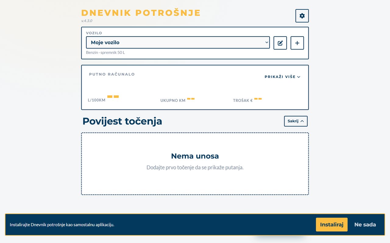 Snimka zaslona Dnevnika potrošnje u pregledniku na računalu.