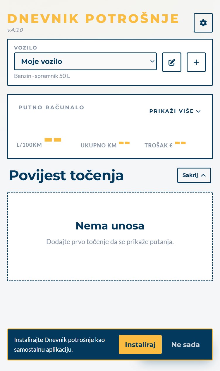 Snimka zaslona Dnevnika potrošnje na mobitelu: unos točenja goriva.
