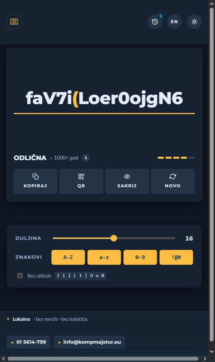 Snimka zaslona Generatora lozinki na mobitelu: nova lozinka, ocjena jačine i kontrole duljine.