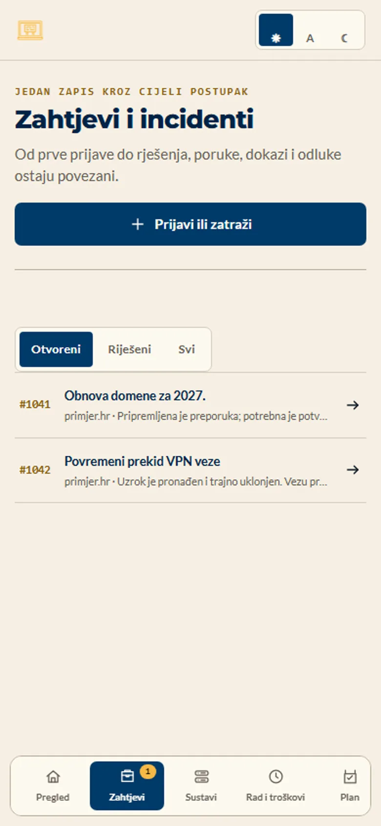 Mobilni prikaz popisa zahtjeva u demonstracijskom portalu Moj KompMajstor